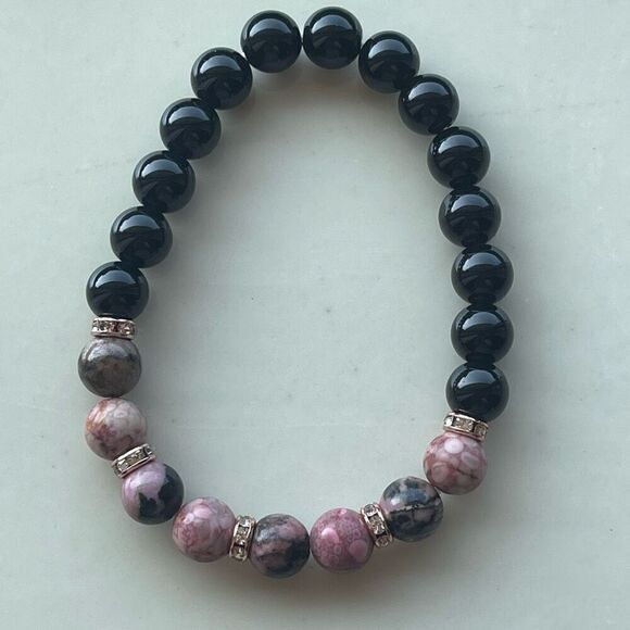 Rose coral jasper rhodonite obsidian ONE stretch bracket NEW handmade rhinestone - Picture 8 of 11